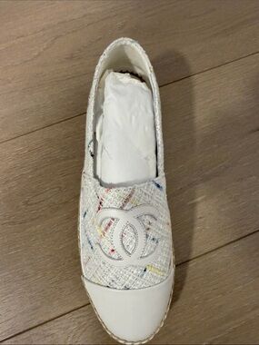 White Tweed Espadrille Slip-On with Multicolor Thread Detail